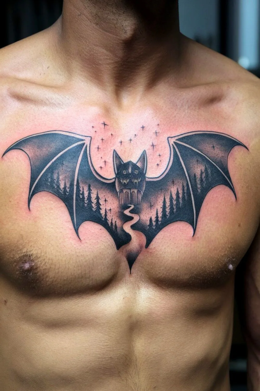 Goth Bat Chest Tattoo 2