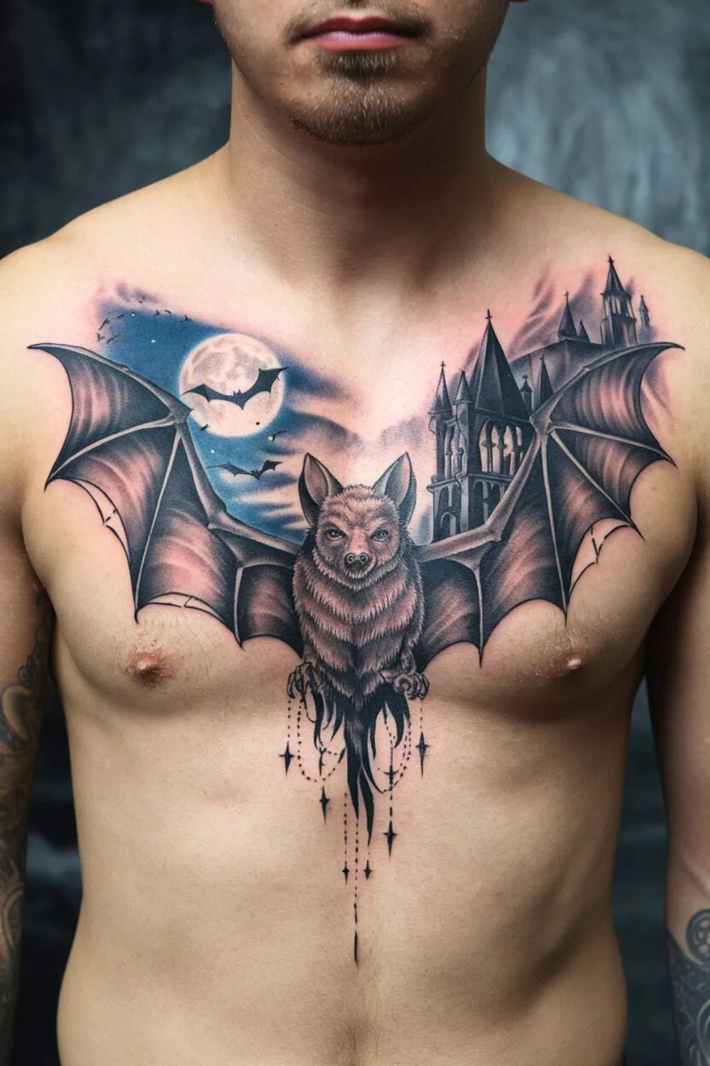 Goth Bat Chest Tattoo 4