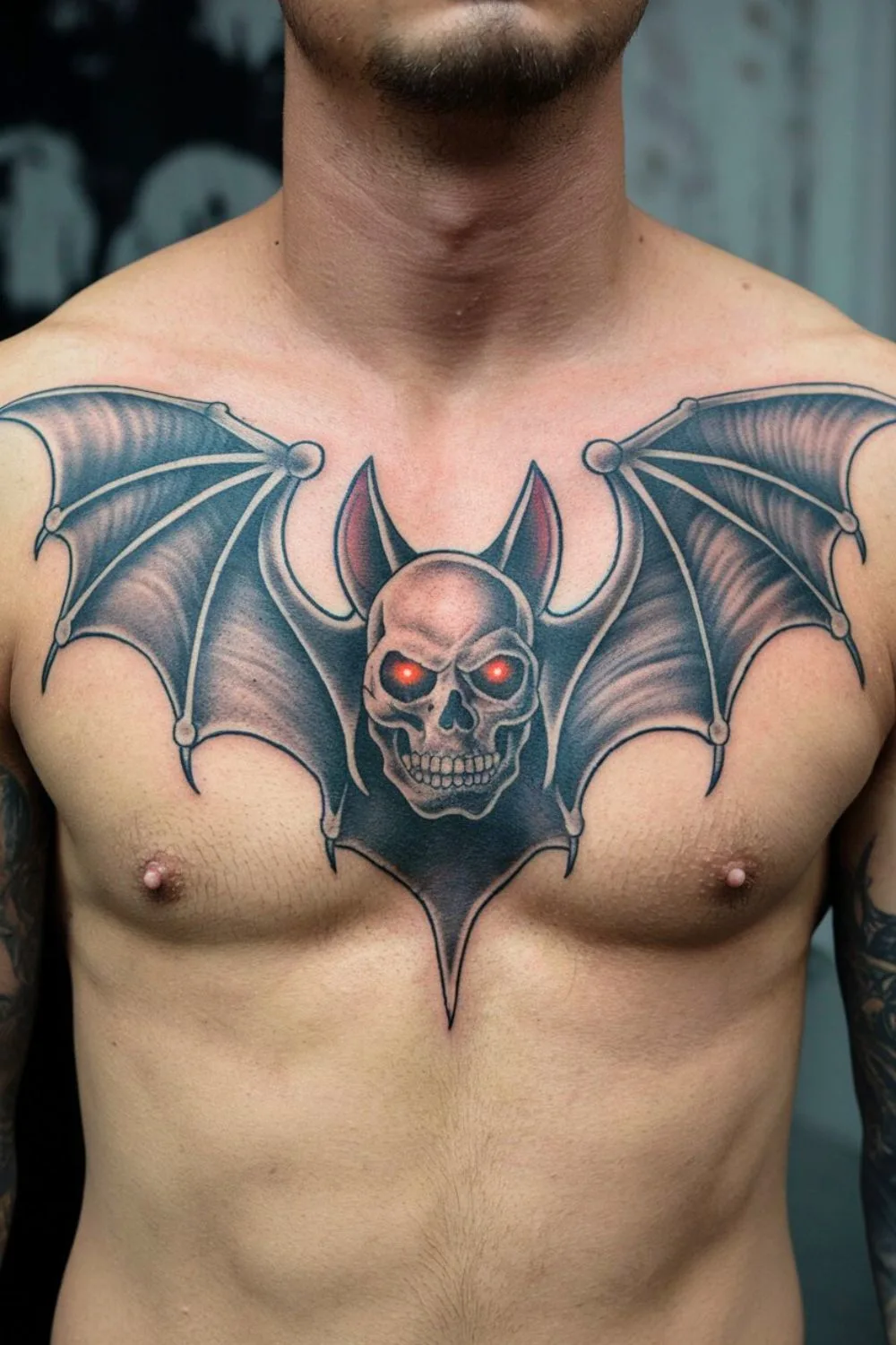 Goth Bat Chest Tattoo 6